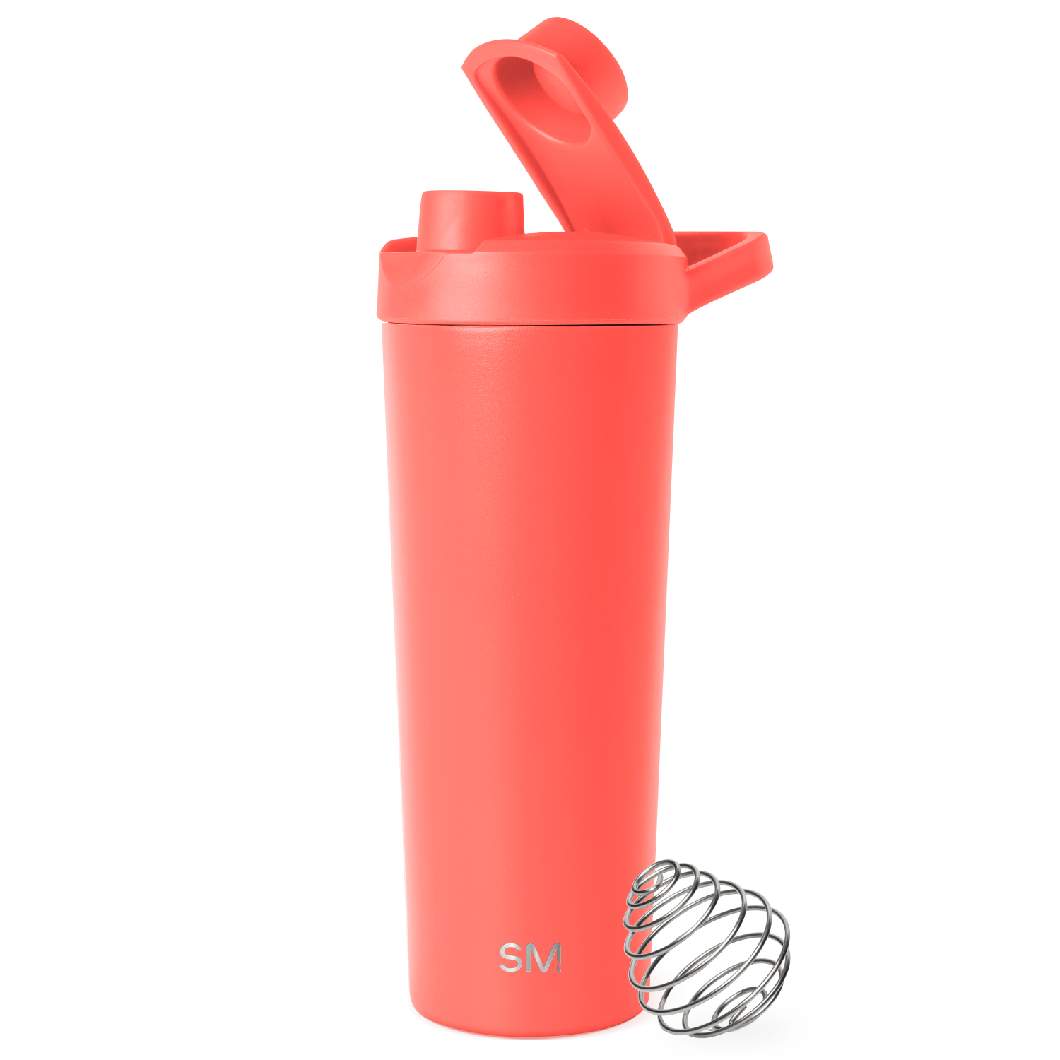 Coral-red insulated tumbler with metallic silver-gray accents and lid