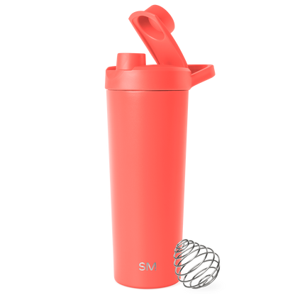 Coral-red insulated tumbler with metallic silver-gray accents and lid