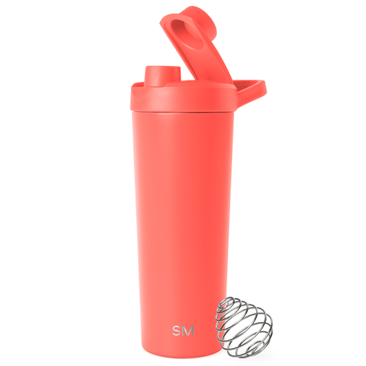Coral-red insulated tumbler with metallic silver-gray accents and lid