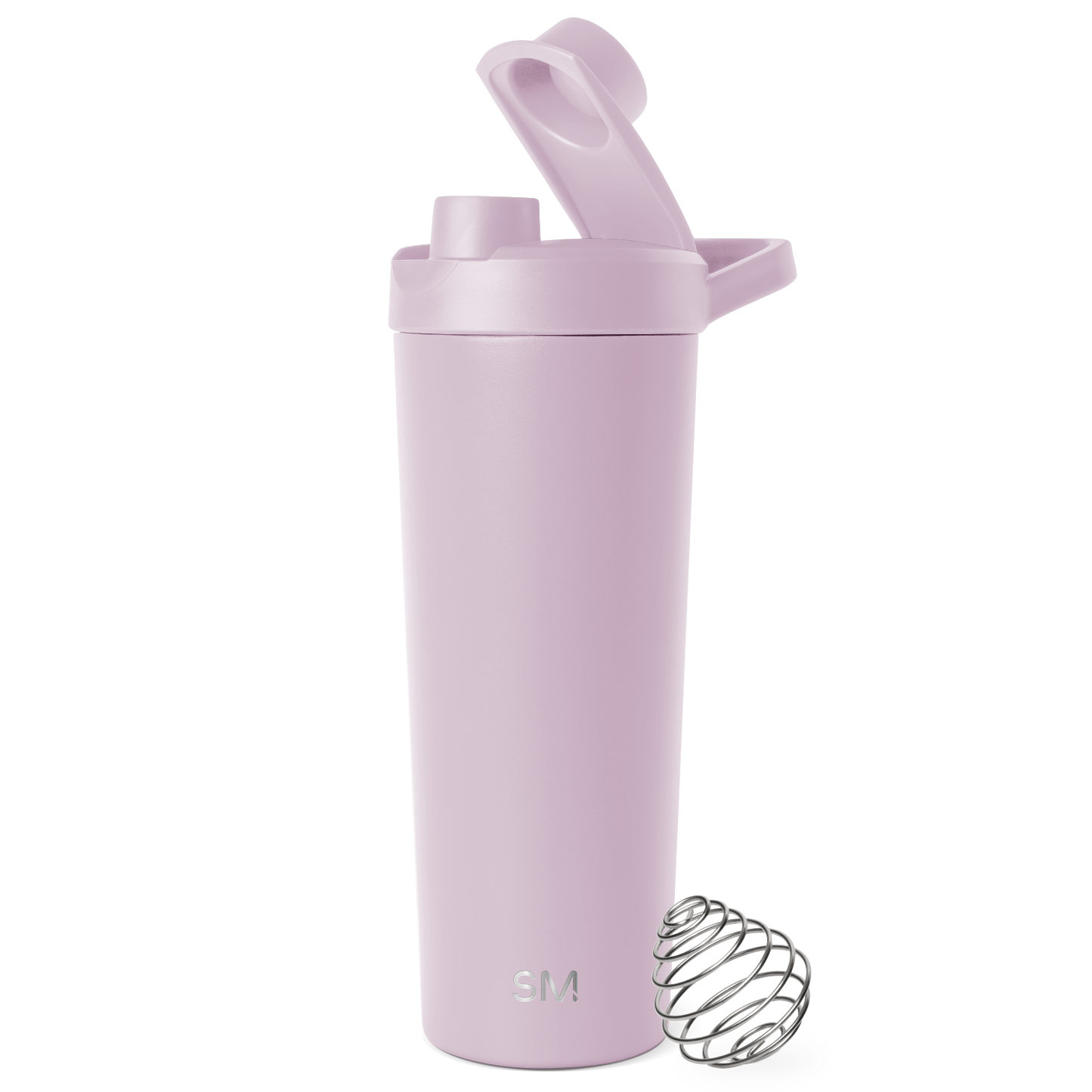 Soft lavender-colored water bottle with matching lid on white background