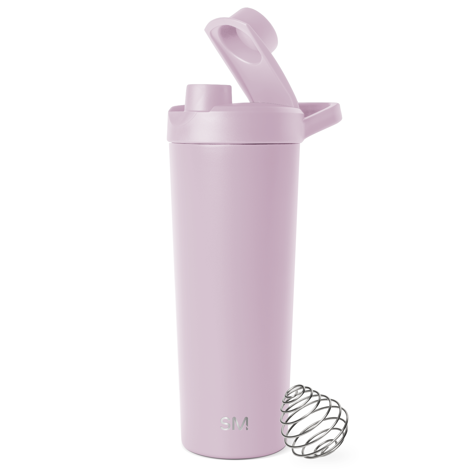 Soft lavender-colored water bottle with matching lid on white background