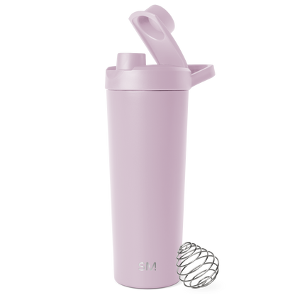 Soft lavender-colored water bottle with matching lid on white background