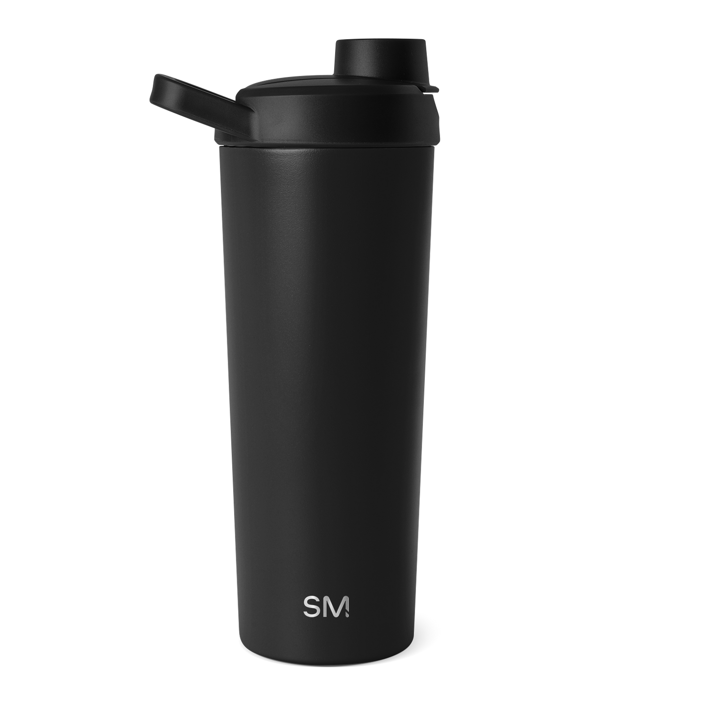 Deep matte black water bottle against a white background