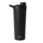 Deep matte black water bottle against a white background