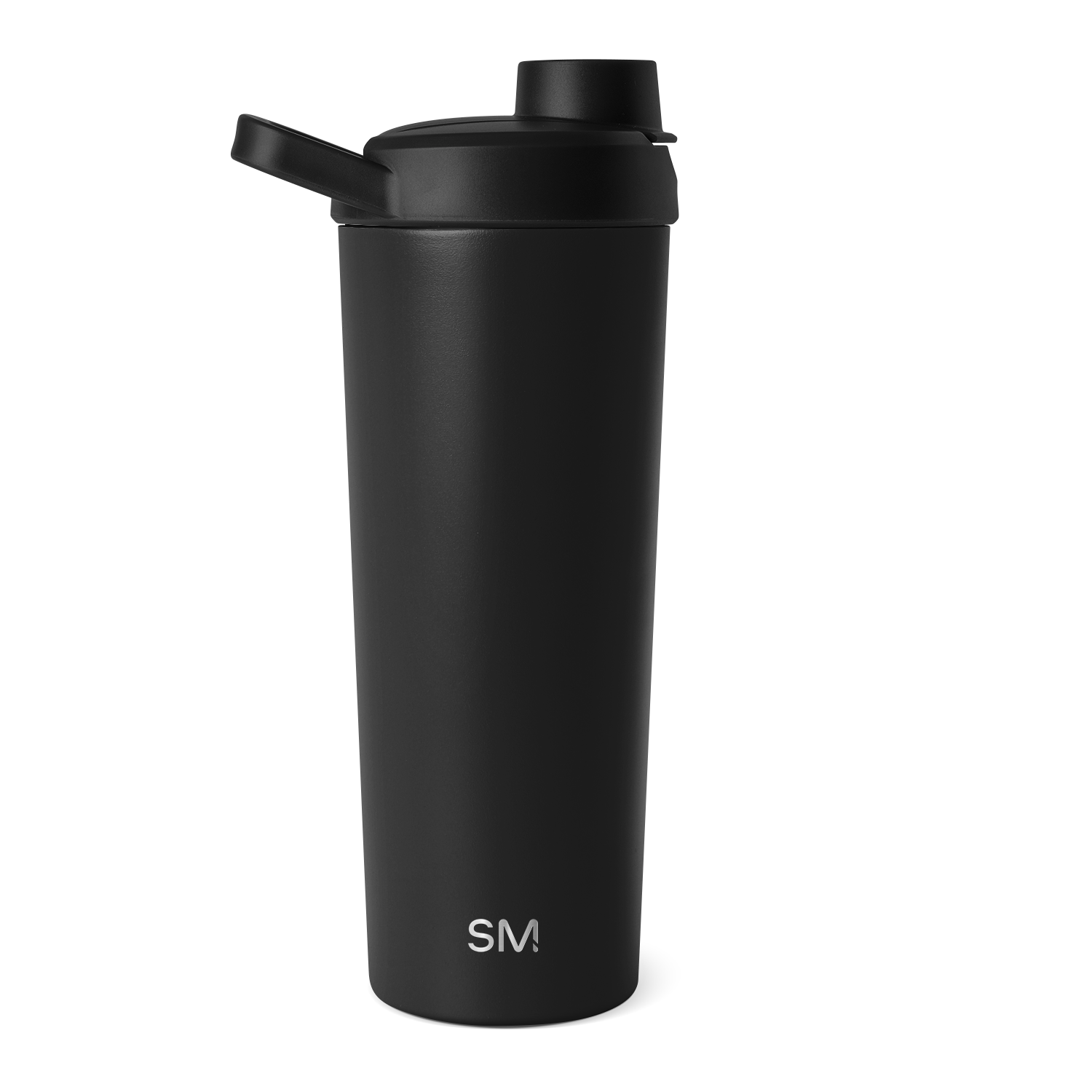 Deep matte black water bottle against a white background