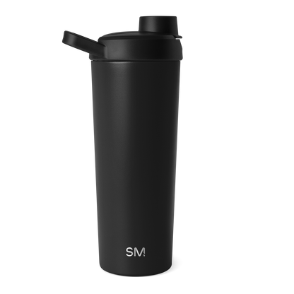 Deep matte black water bottle against a white background