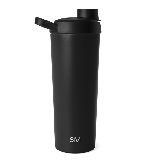 Deep matte black water bottle against a white background