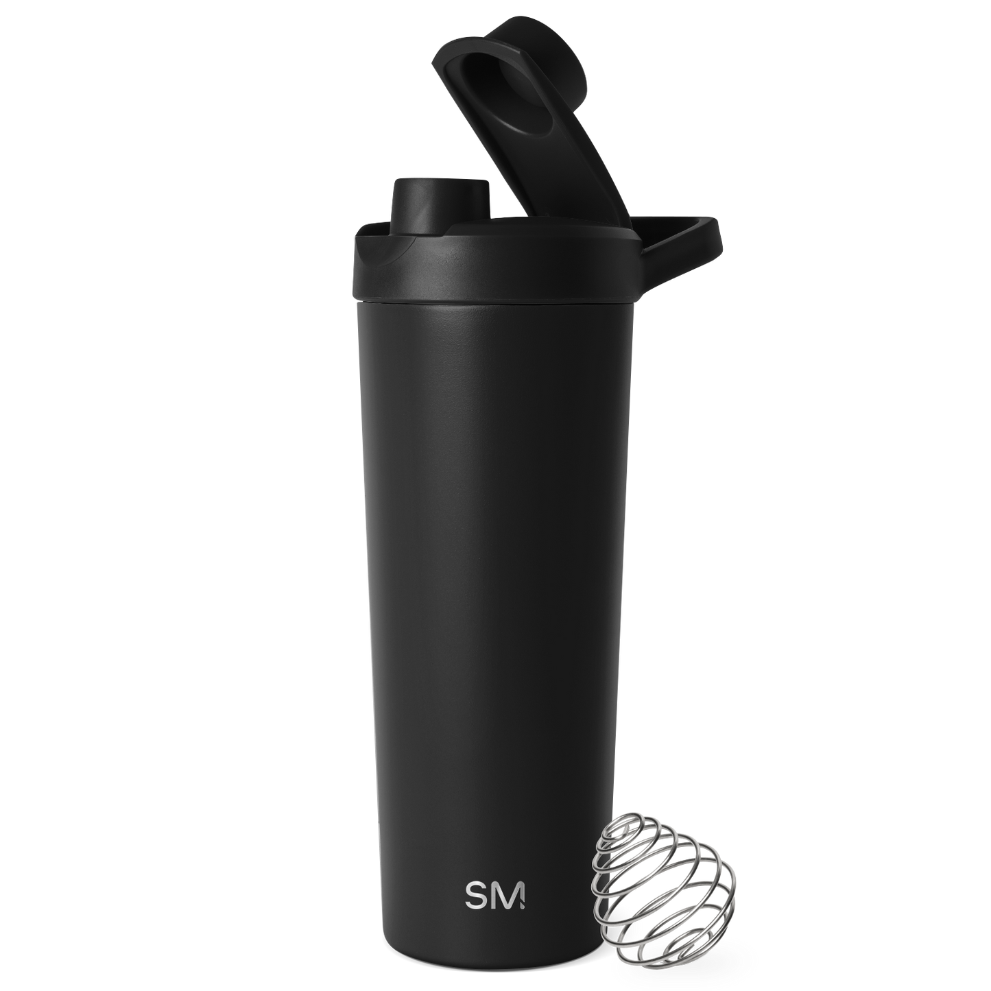Black insulated sports water bottle with matte finish and cylindrical design featuring a specialized top cap, set against a white background.