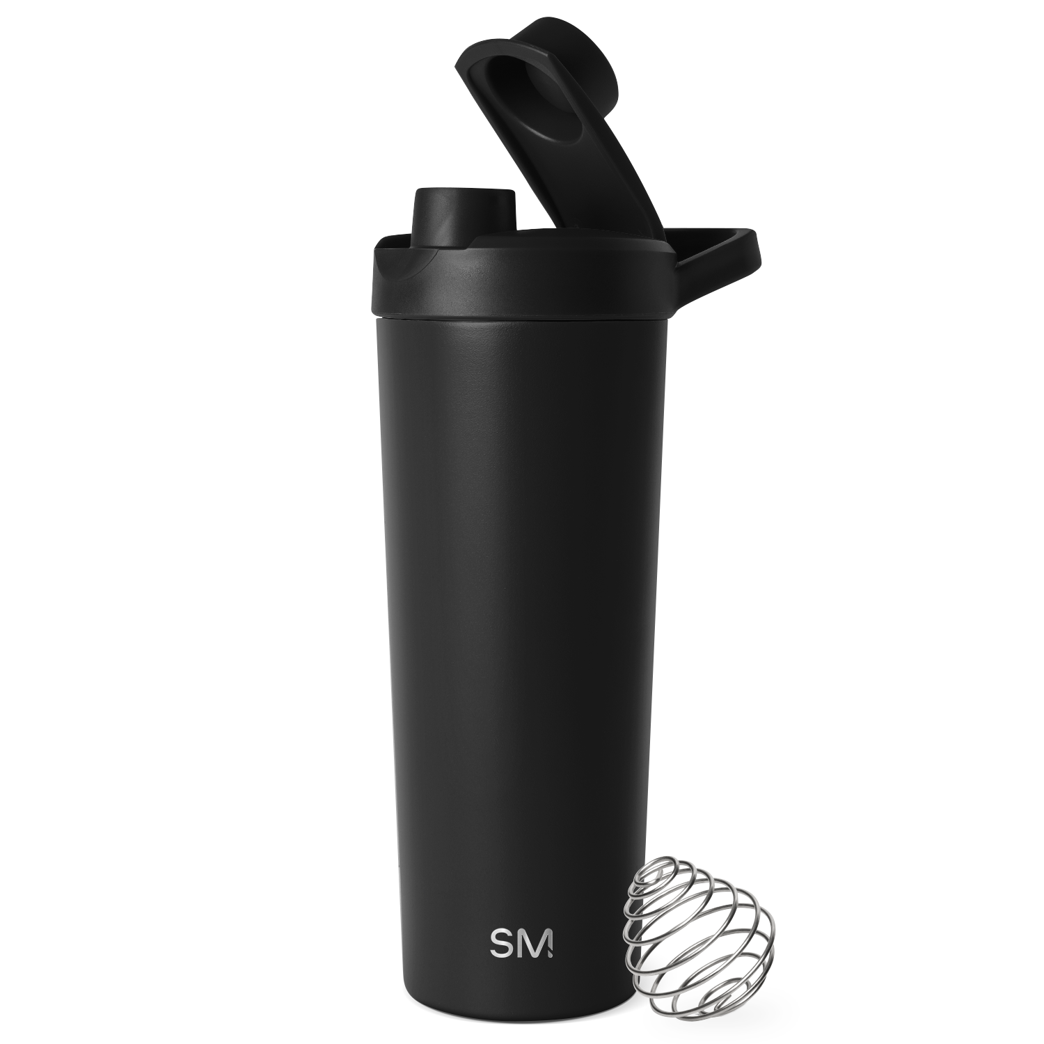 Black insulated sports water bottle with matte finish and cylindrical design featuring a specialized top cap, set against a white background.