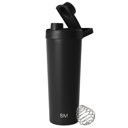 Black insulated sports water bottle with matte finish and cylindrical design featuring a specialized top cap, set against a white background.