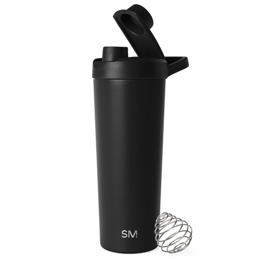 Black insulated sports water bottle with matte finish and cylindrical design featuring a specialized top cap, set against a white background.
