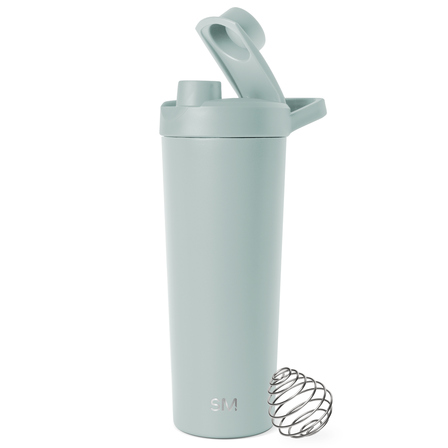 Sage green water bottle with stainless steel lid and wire mixing ball