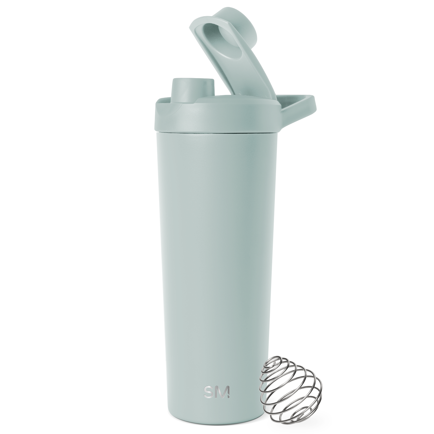 Sage green water bottle with stainless steel lid and wire mixing ball