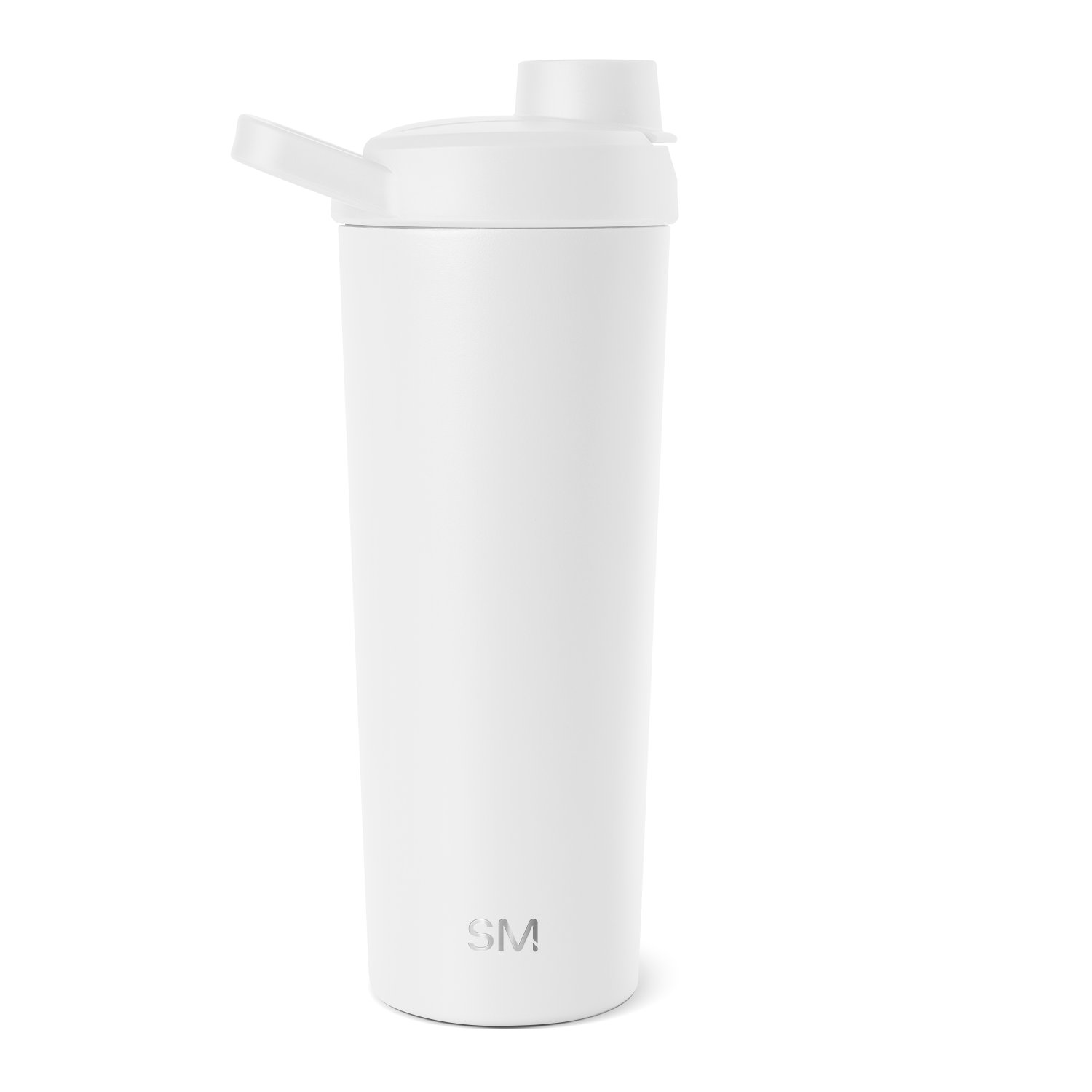 White and gray water bottle with lid and spout assembly on white background