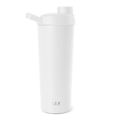 White and gray water bottle with lid and spout assembly on white background