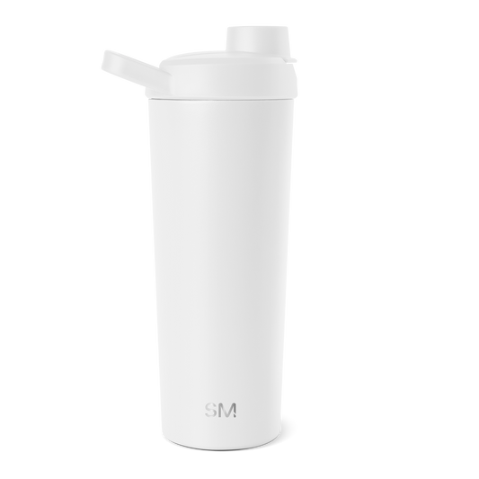 White and gray water bottle with lid and spout assembly on white background