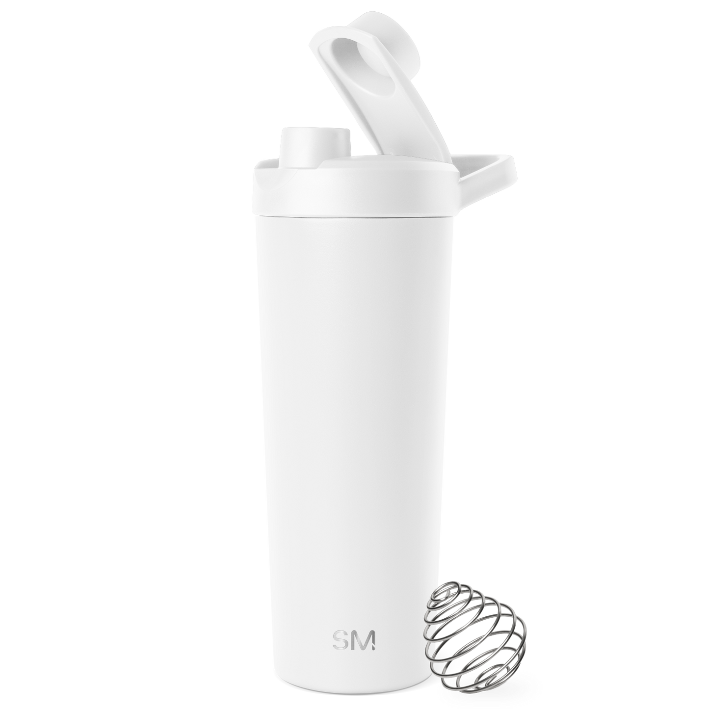 White cylindrical water bottle with tapered modern design, centered on white background