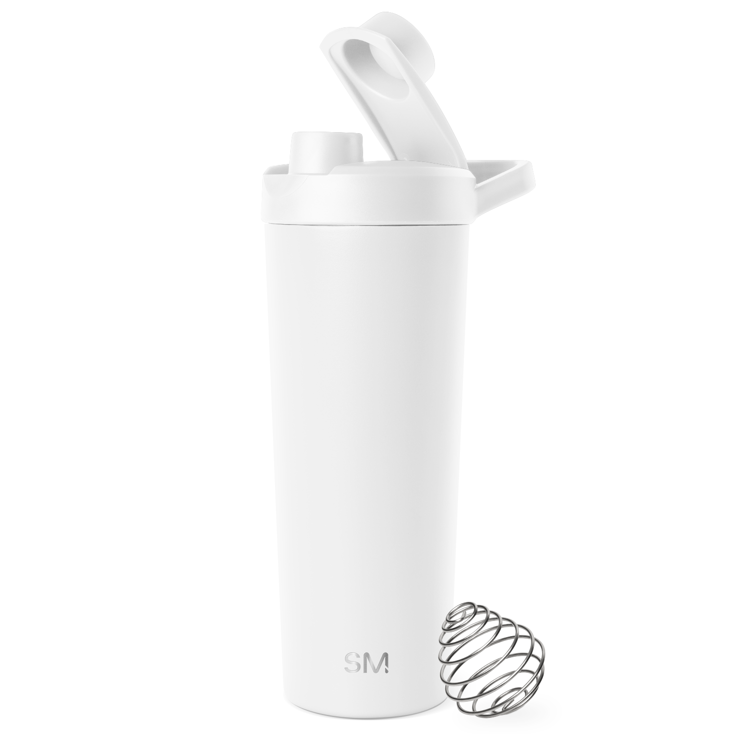 White cylindrical water bottle with tapered modern design, centered on white background