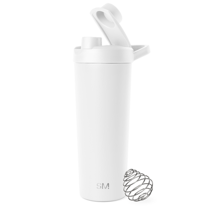 White cylindrical water bottle with tapered modern design, centered on white background