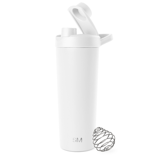 White cylindrical water bottle with tapered modern design, centered on white background