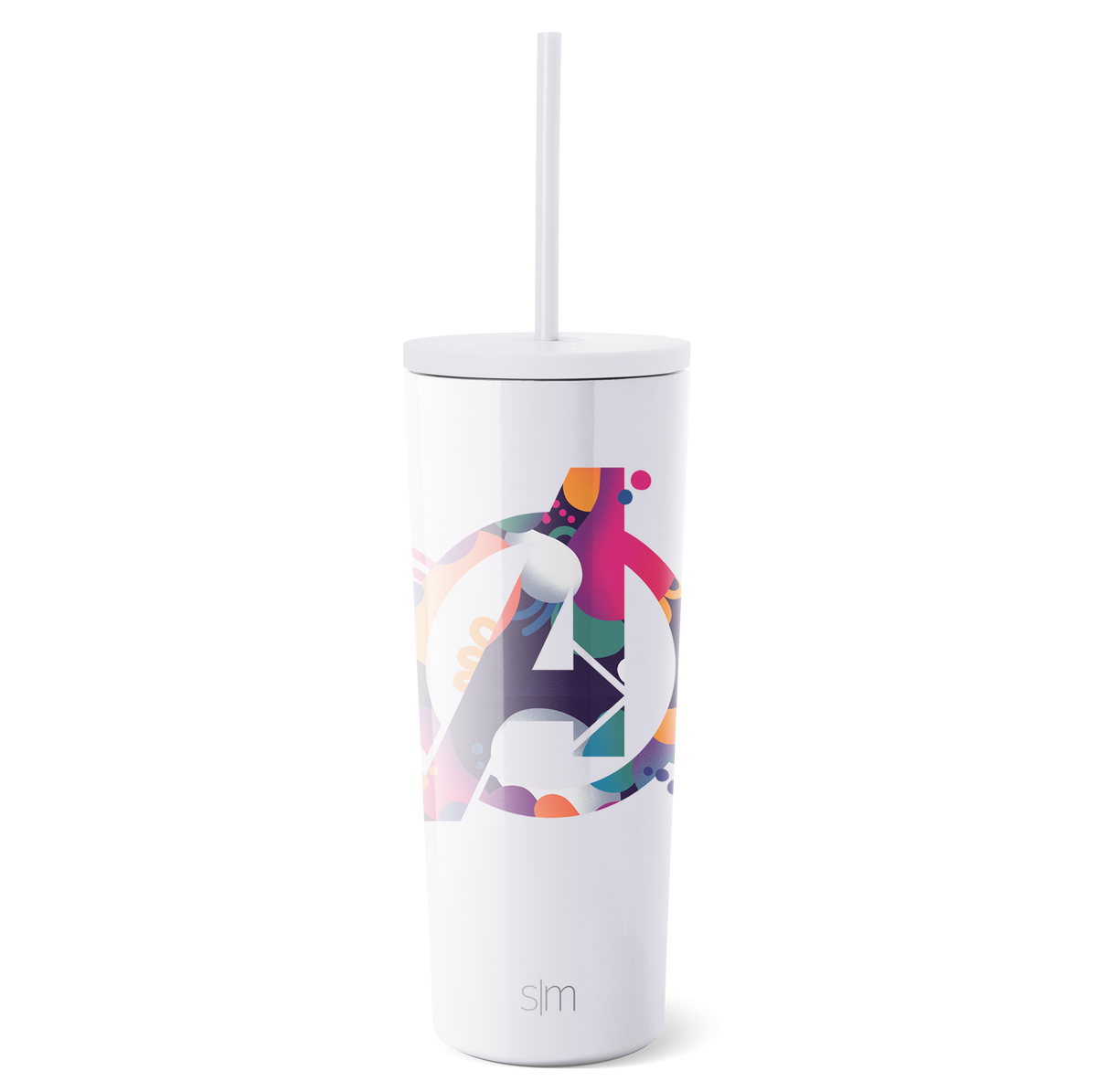 White tumbler with vibrant artistic graphic design wrapped around the middle section