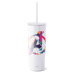 White tumbler with vibrant artistic graphic design wrapped around the middle section