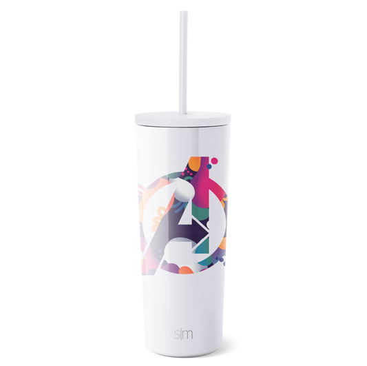 White tumbler with vibrant artistic graphic design wrapped around the middle section