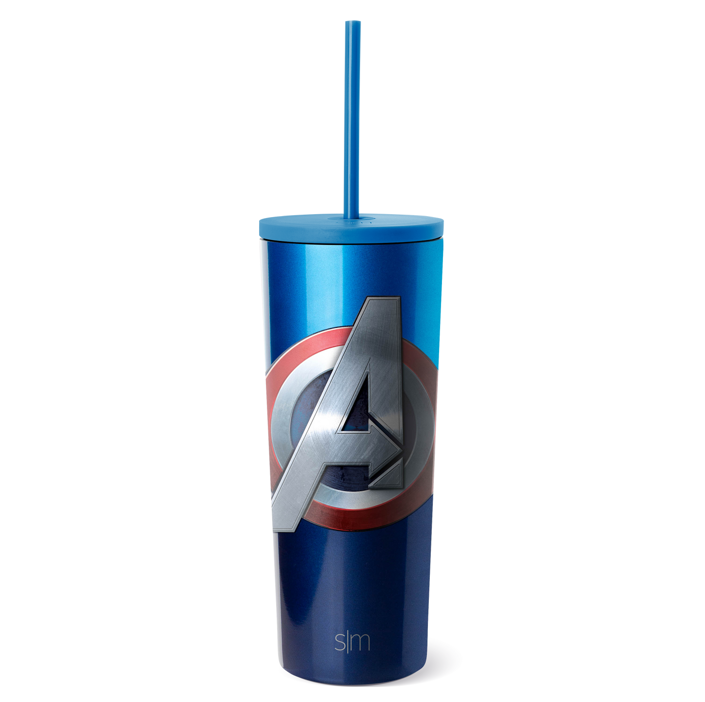 Blue ombre tumbler with color-blocked design transitioning from bright blue at top to navy blue at bottom, featuring a circular emblem at center.