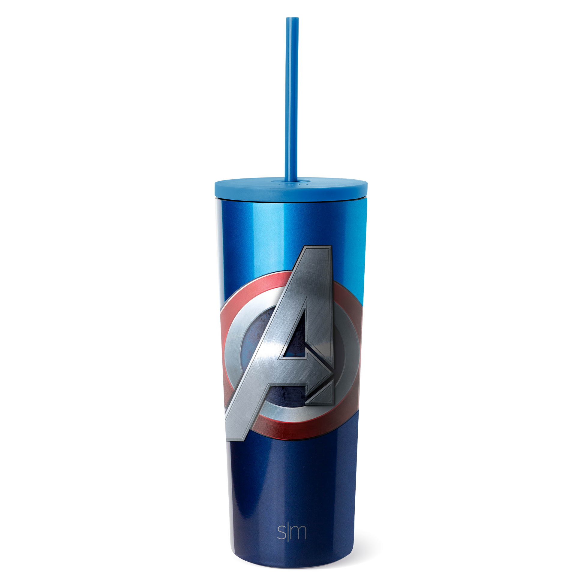 Blue ombre tumbler with color-blocked design transitioning from bright blue at top to navy blue at bottom, featuring a circular emblem at center.