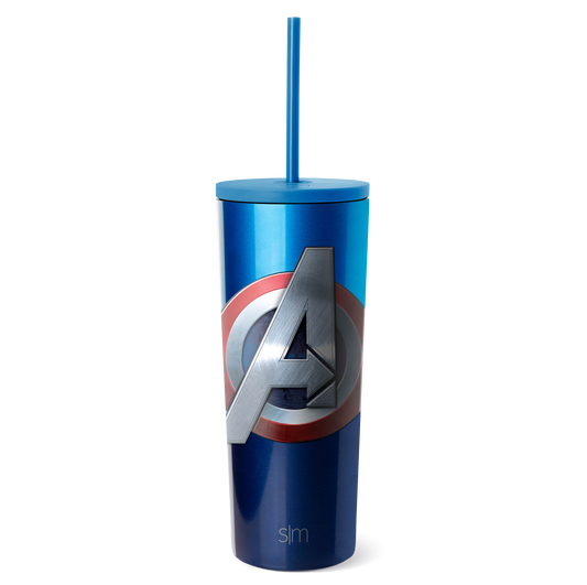Blue ombre tumbler with color-blocked design transitioning from bright blue at top to navy blue at bottom, featuring a circular emblem at center.