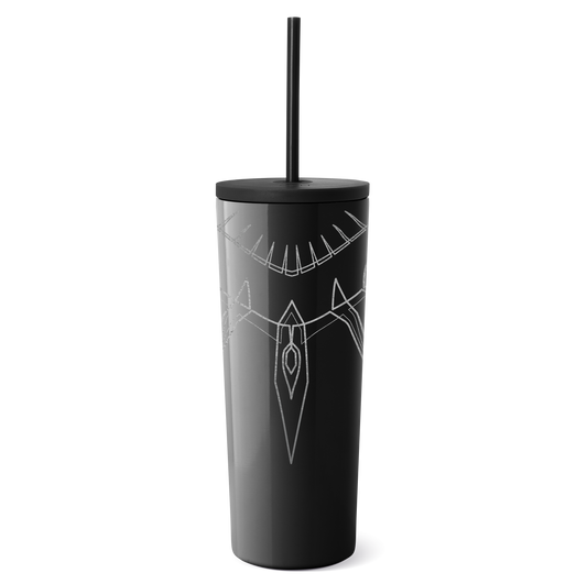 Black tumbler with metallic silver mystical line design