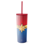 Red, cream, and navy blue tricolor tumbler with golden eight-pointed star design on lower section