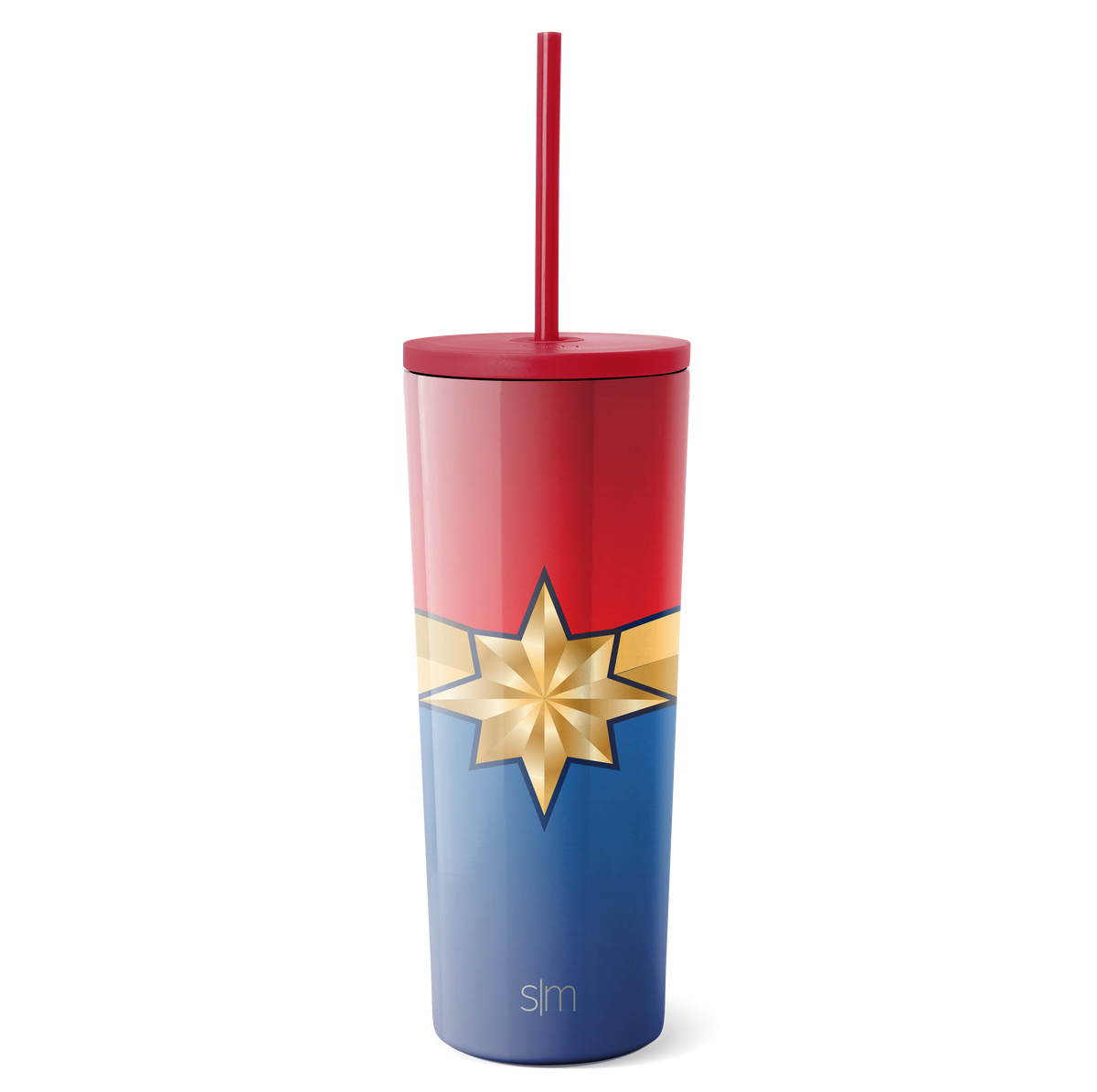 Red, cream, and navy blue tricolor tumbler with golden eight-pointed star design on lower section