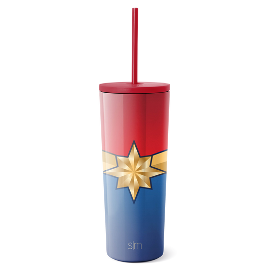 Red, cream, and navy blue tricolor tumbler with golden eight-pointed star design on lower section