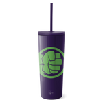 Deep purple insulated tumbler with lime green accent, matching purple lid and straw, isolated on white background.