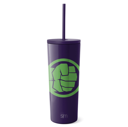 Deep purple insulated tumbler with lime green accent, matching purple lid and straw, isolated on white background.