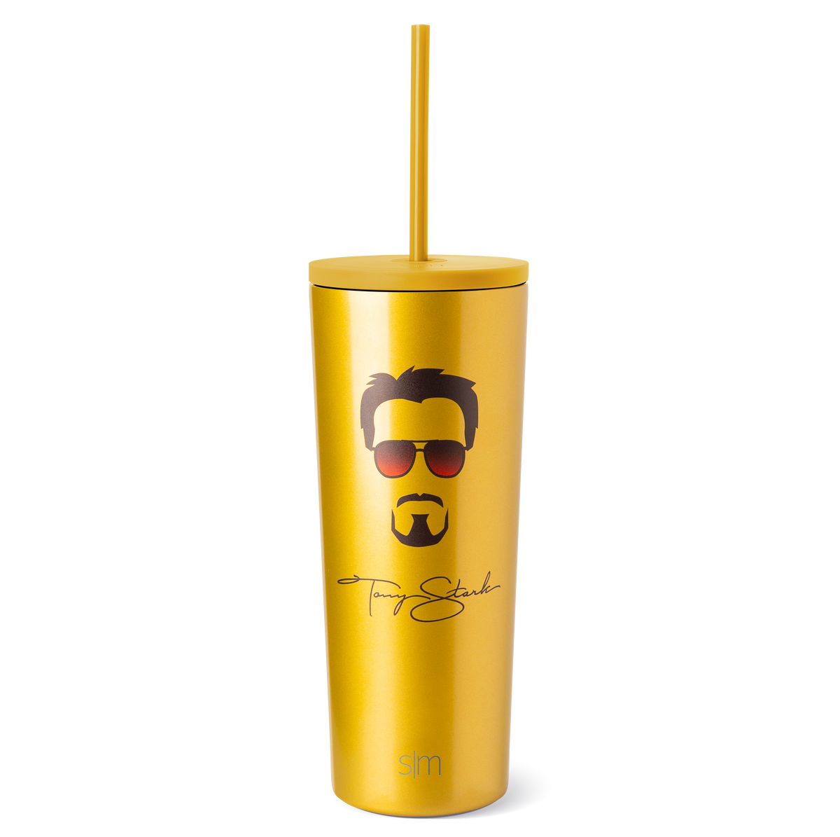 Golden yellow tumbler with matching straw, dark brown and black illustrated facial features