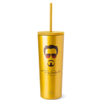 Golden yellow tumbler with matching straw, dark brown and black illustrated facial features