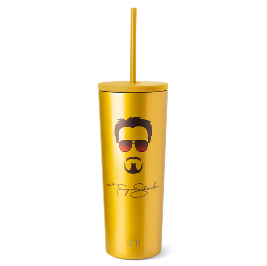 Golden yellow tumbler with matching straw, dark brown and black illustrated facial features