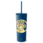 Deep navy blue tumbler with gold circular design element and matching navy blue straw
