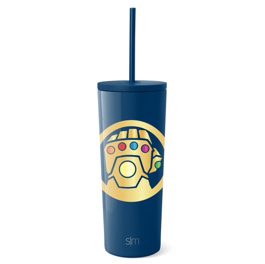 Deep navy blue tumbler with gold circular design element and matching navy blue straw