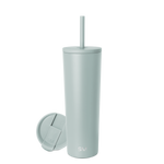 Sage green cylindrical tumbler with matching lid and straw on neutral background