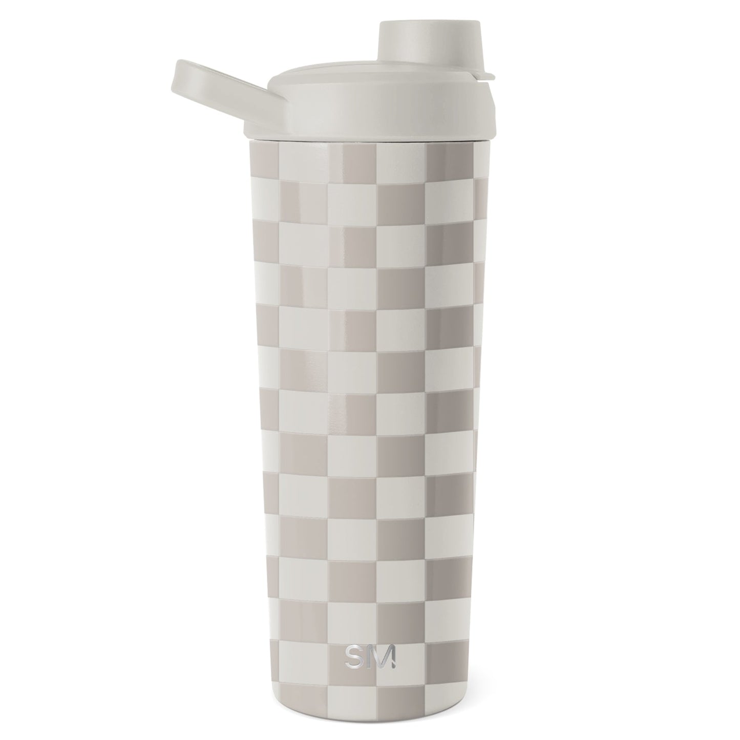 Simple modern checkerboard tumbler with soft white, warm beige, and muted taupe tones in a classic pattern design