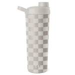 Simple modern checkerboard tumbler with soft white, warm beige, and muted taupe tones in a classic pattern design
