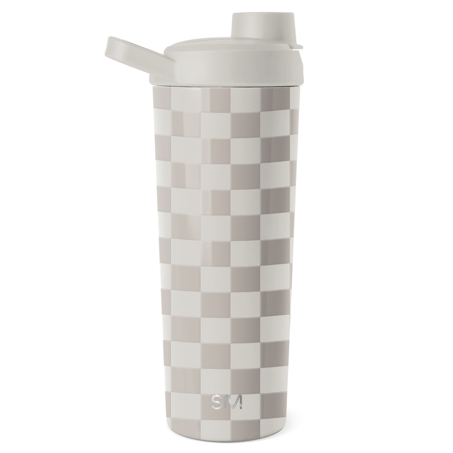 Simple modern checkerboard tumbler with soft white, warm beige, and muted taupe tones in a classic pattern design