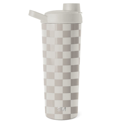 Simple modern checkerboard tumbler with soft white, warm beige, and muted taupe tones in a classic pattern design