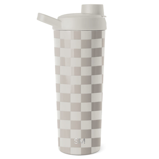 Simple modern checkerboard tumbler with soft white, warm beige, and muted taupe tones in a classic pattern design