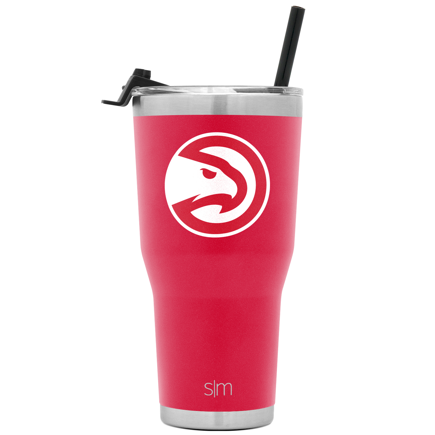 Hot pink stainless steel tumbler with white eagle logo and silver metallic rim and lid