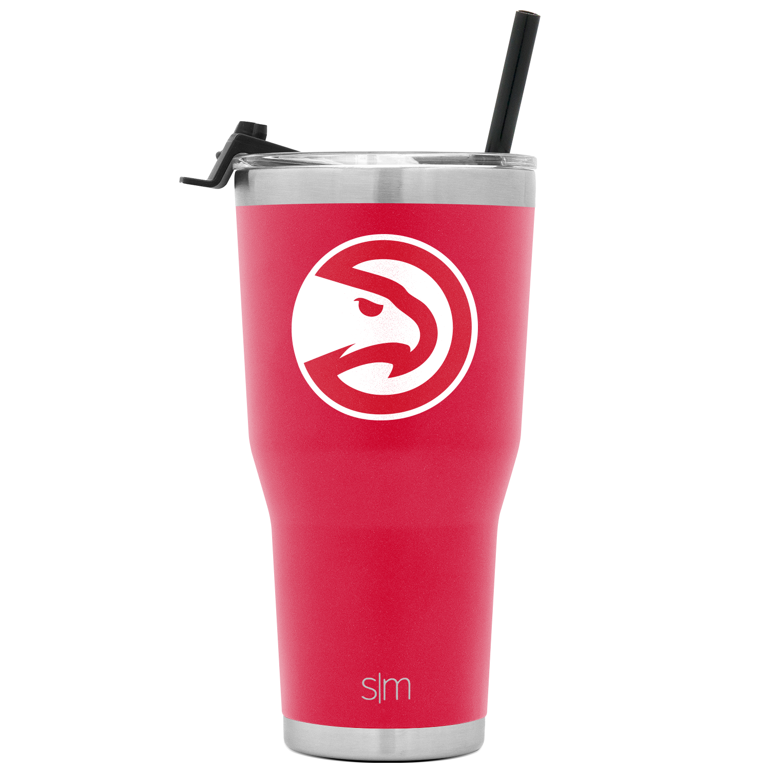Hot pink stainless steel tumbler with white eagle logo and silver metallic rim and lid