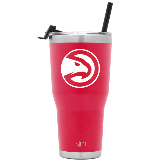 Hot pink stainless steel tumbler with white eagle logo and silver metallic rim and lid